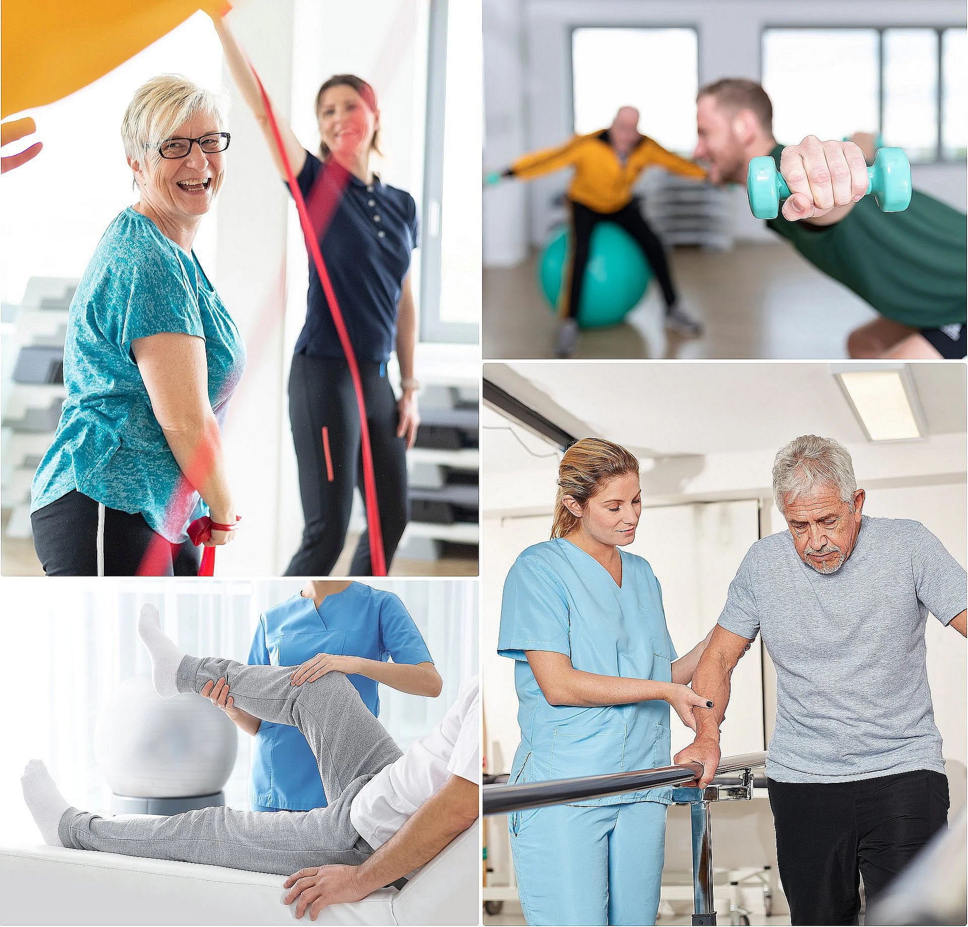 Collage verschiedener physiotherapeutischer Übungen im AKH Ambulant Celle – individuelle Betreuung, Training und Rehabilitation für Patientinnen und Patienten.